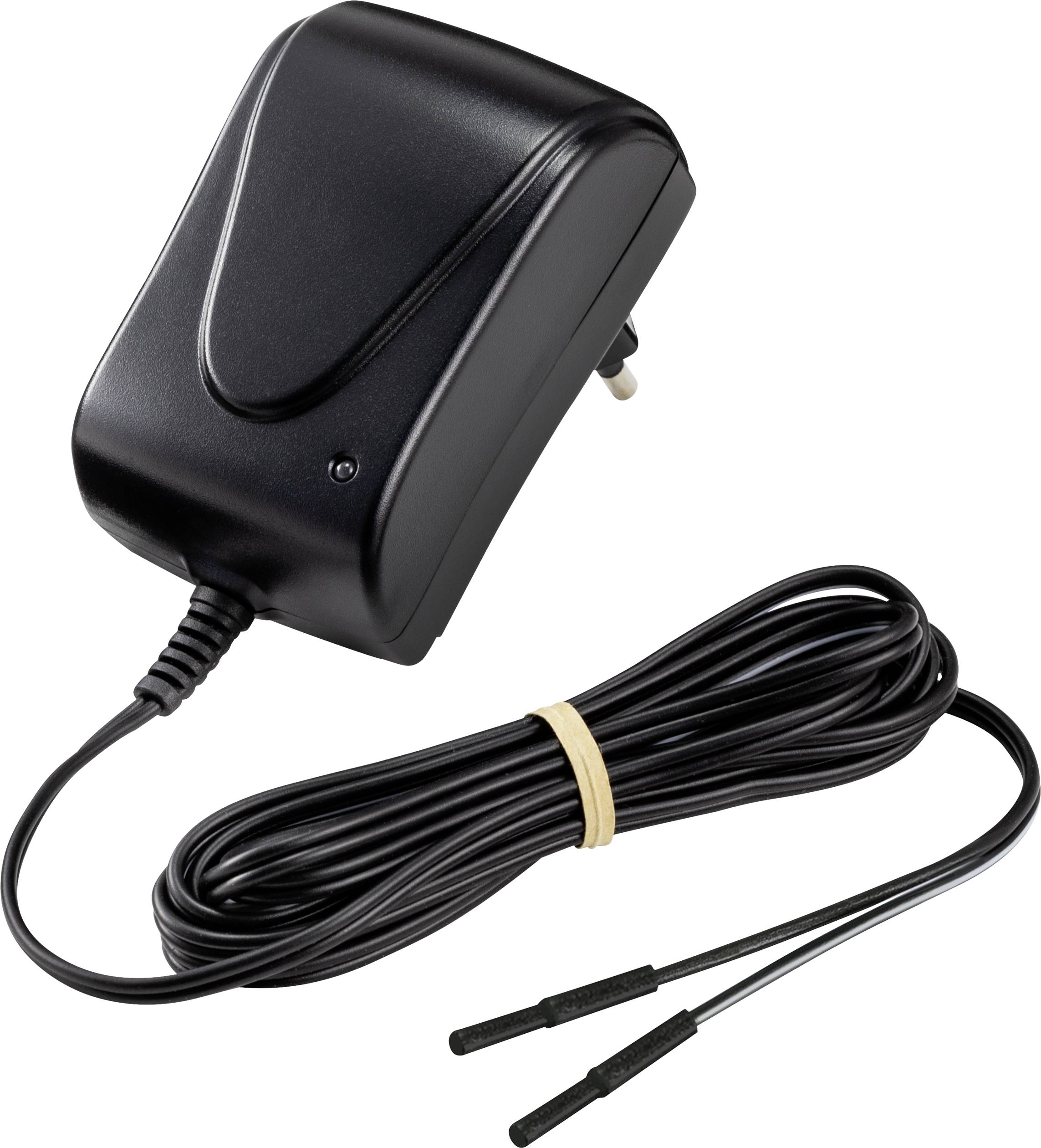 Black power supply with two-core cable, suitable for connecting to electronic devices.