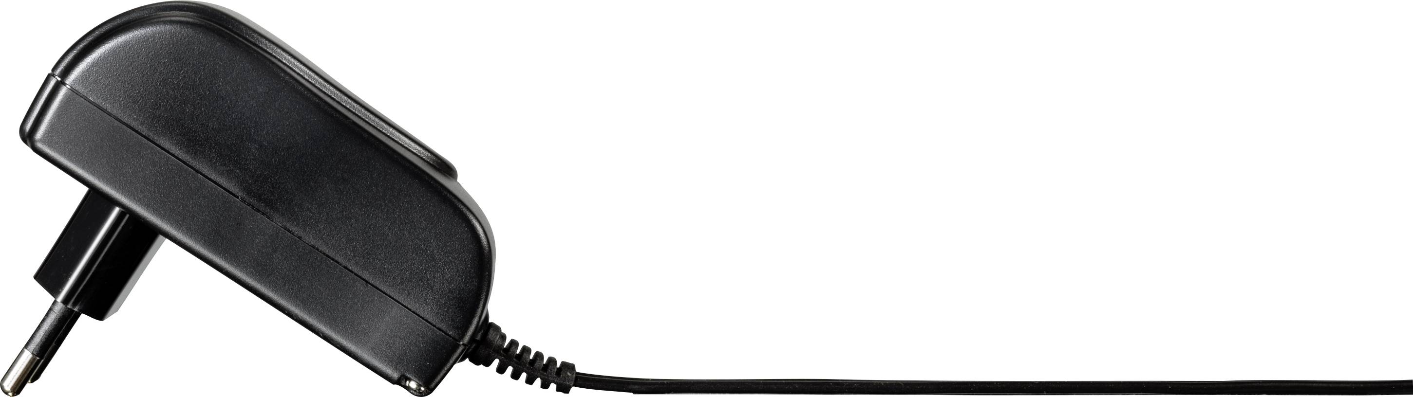 A black power supply with a European plug and long cable, lying sideways and tilted.