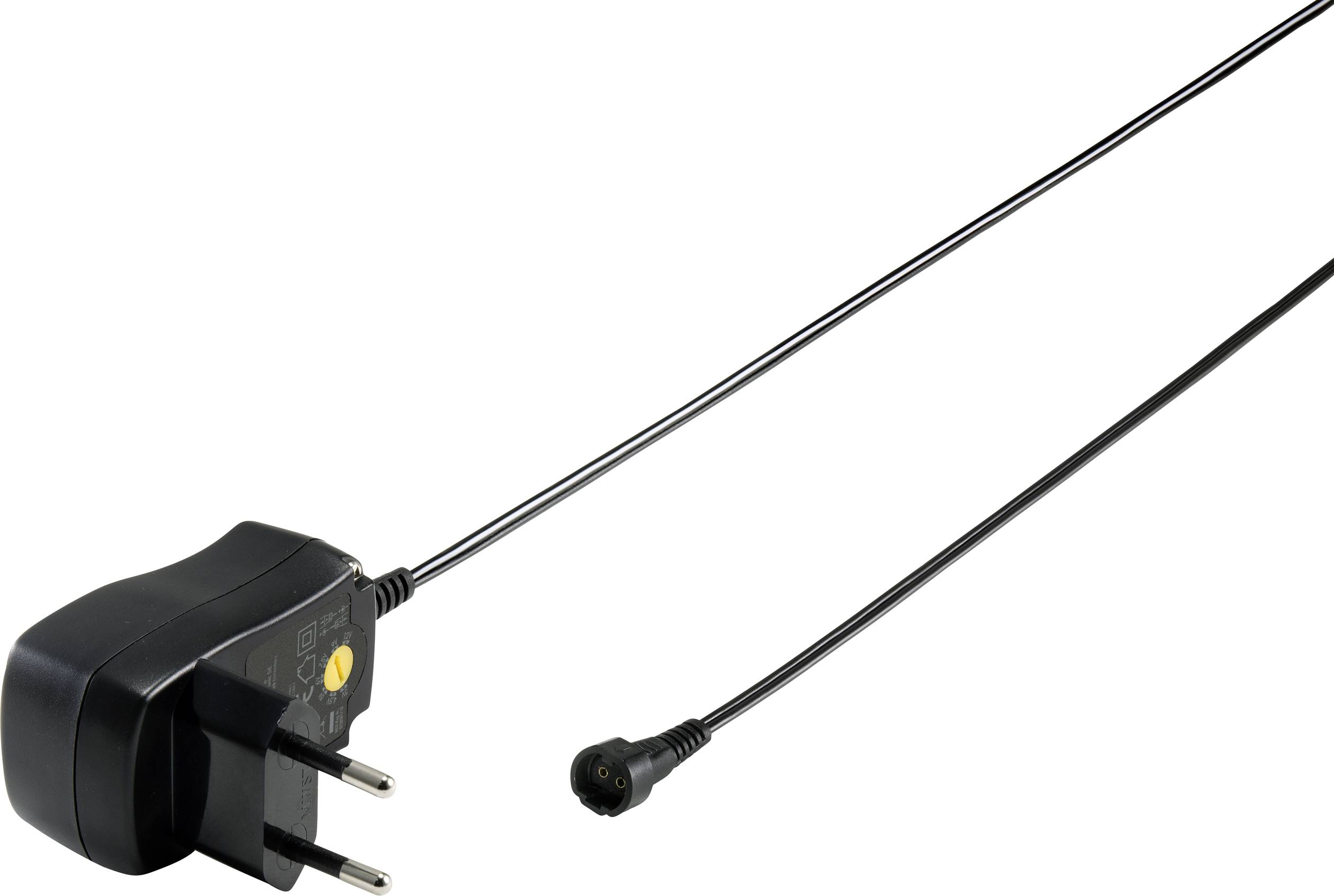 A black power supply with a European plug and thin cable. It has a round connector at the end of the cable for connecting.