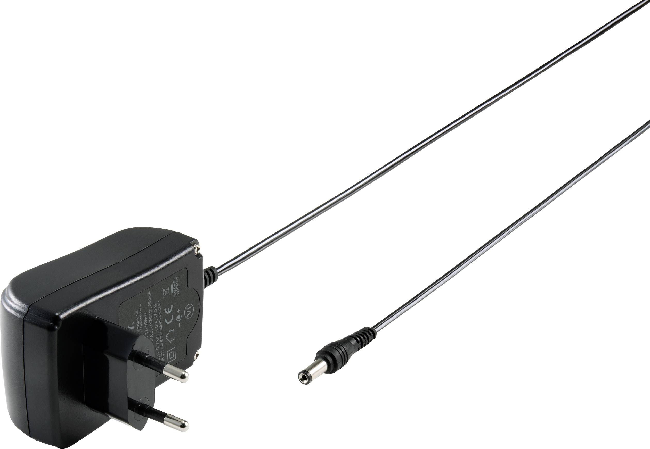 Mains adapter with EU plug and long cable, suitable for charging electronic devices.