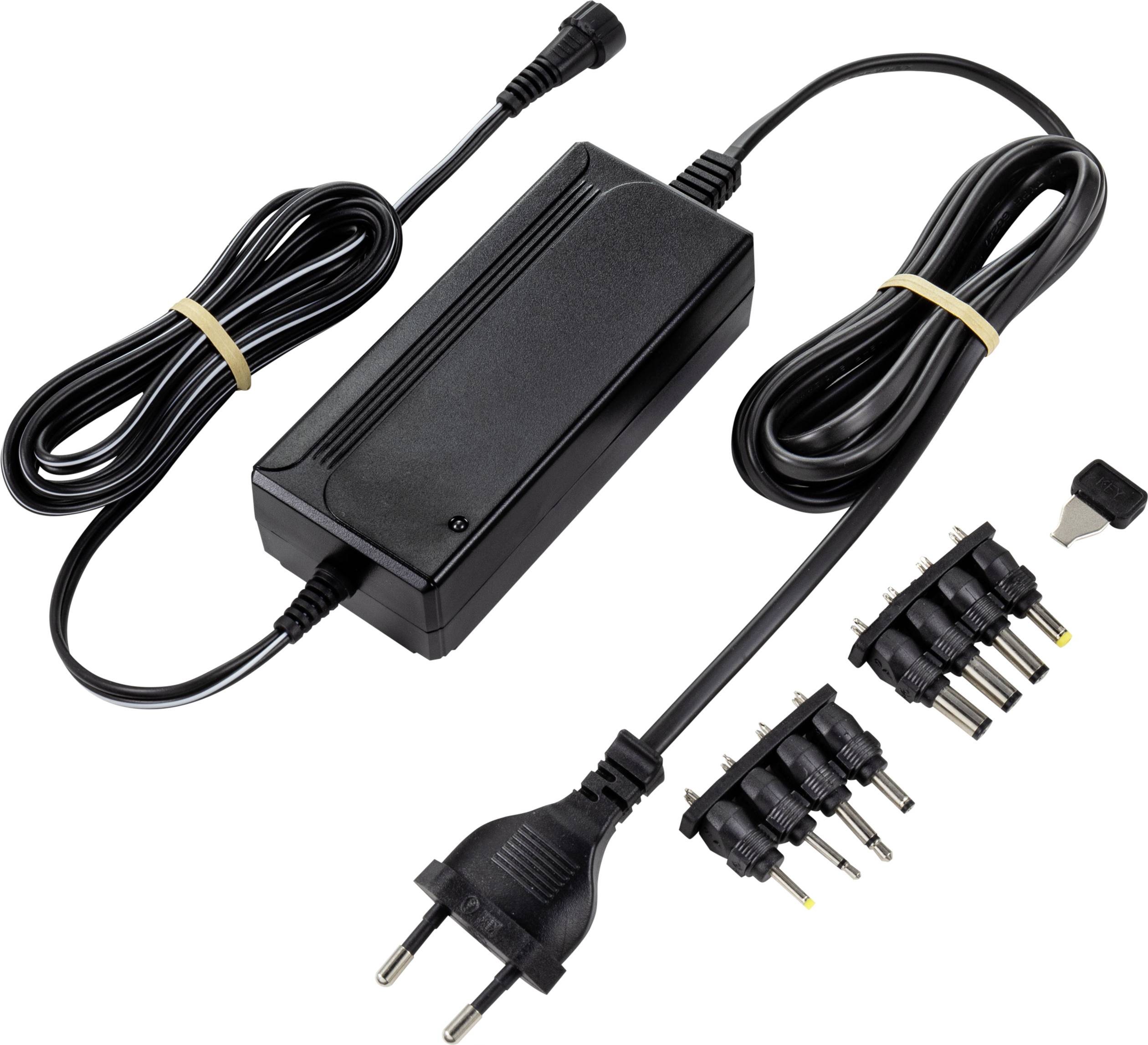 A black power supply with interchangeable connectors. Includes multiple plug options and a power cable with an EU plug.
