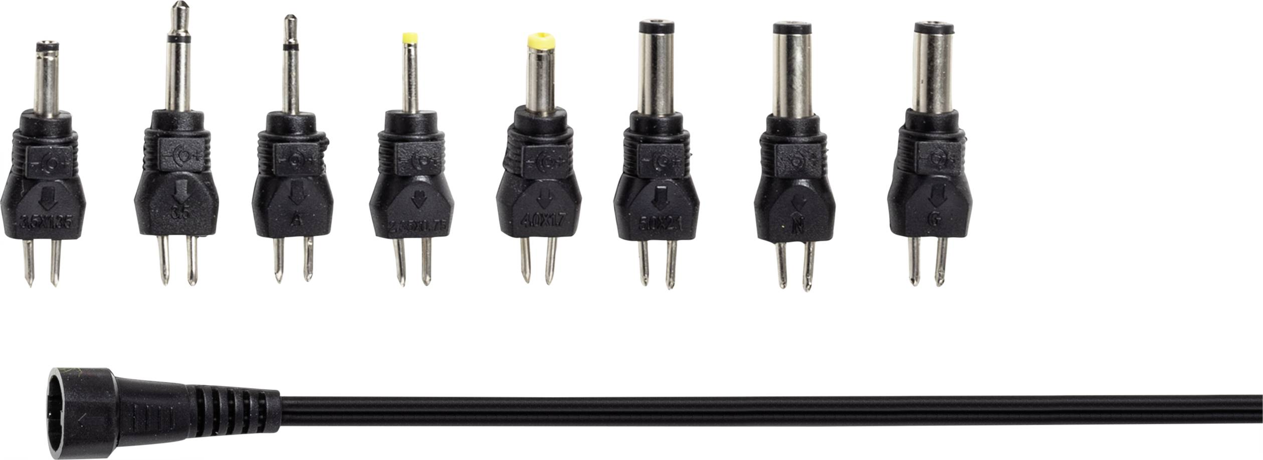 Eight different two-pin black adaptor plugs, arranged in a row; connected by a cable.