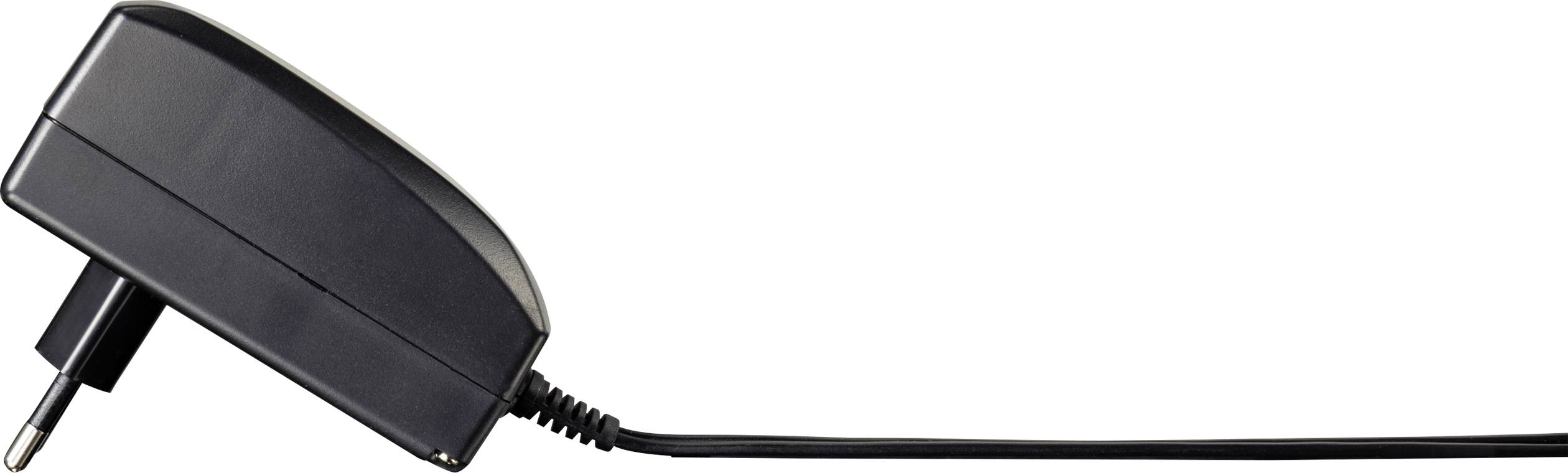 Black power adapter with two round plugs and a long cable, showing orientation for use in a socket.