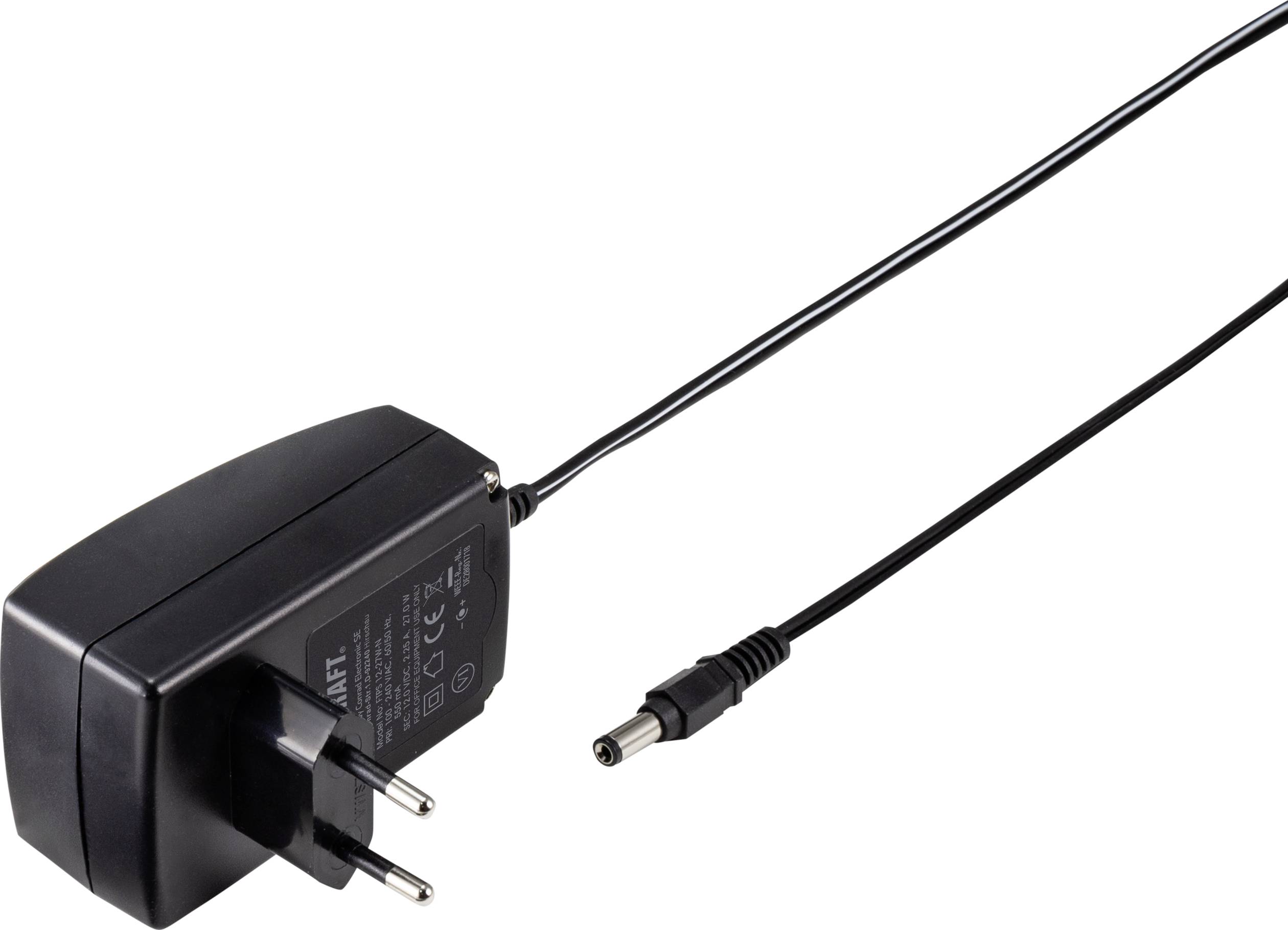 A black power adapter with EU plug and cable, suitable for powering electronic devices.