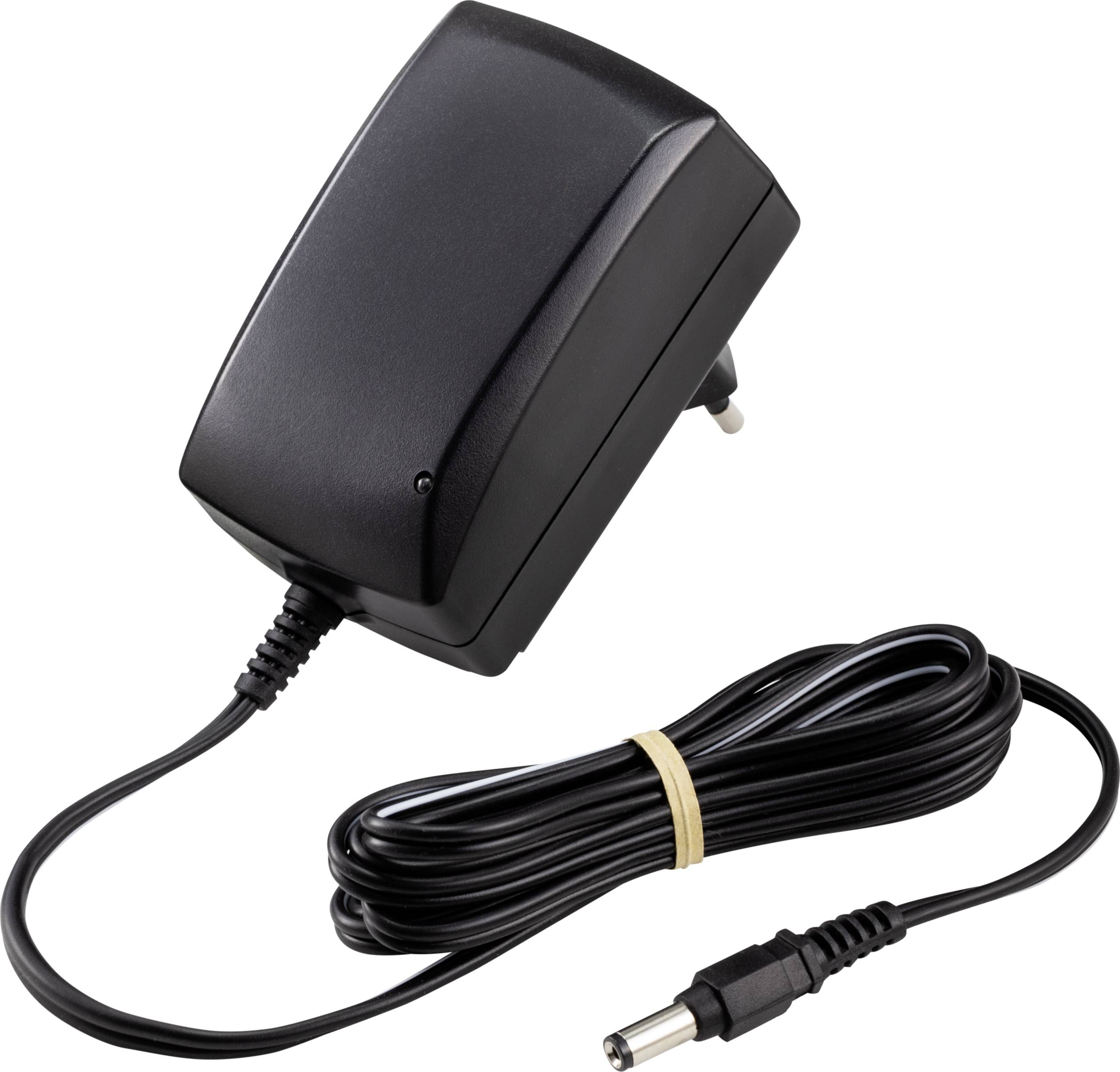 Black power supply with cable and DC plug, suitable for charging electronic devices. The cable is bundled with an elastic band.
