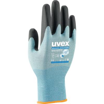 A Uvex safety glove with a blue back of the hand and black palm. A logo and model name are printed on it.