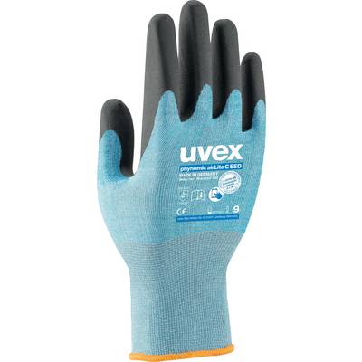 A work glove with a blue surface and black palm. On the top side it reads 'uvex phynomic airLite C ESD'.