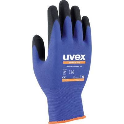 Blue work glove with a black grip, 'uvex' brand, with 'athletic life' text and certification details on the palm.