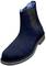Dark navy Chelsea boot with elastic side panel and flat sole, side view.