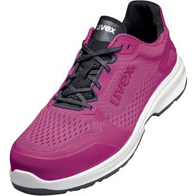 A pink sports trainer with black laces and a white sole, brand 'Uvex'. Sporty and modern in design.