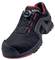 Black safety shoe with red inner lining and twist-lock fastening system for individual fit.