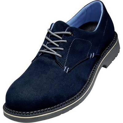 Dark blue men's suede shoe with blue inner padding, grey lace-ups and a robust rubber sole.