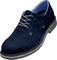 Dark blue men's suede shoe with blue inner padding, grey lace-ups and a robust rubber sole.