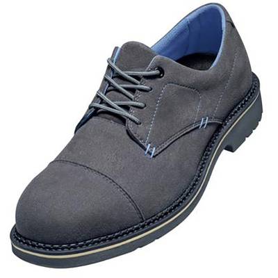 Grey men's shoe with blue interior and blue stitching, side view. Classic design, ideal for formal occasions.