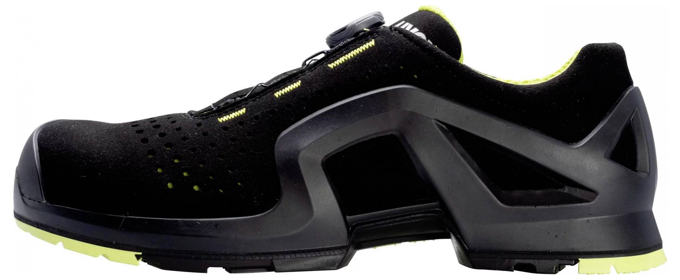 Black sports shoe with yellow accents and ventilation holes, side view. The shoe has a robust, structured sole.
