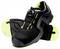 A pair of black safety shoes with yellow accents and a Boa closure. Robust and designed for occupational safety.