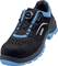 Black safety shoe with blue accents and rotary fastening for an individual fit. Brand logo visible on the side.