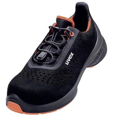 Black safety shoe with orange accents. 'uvex' marking on the side. Round laces with black fastening.