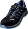 A black safety shoe with blue accents and a twist-lock fastening system. Marked with 'uvex' on the side.