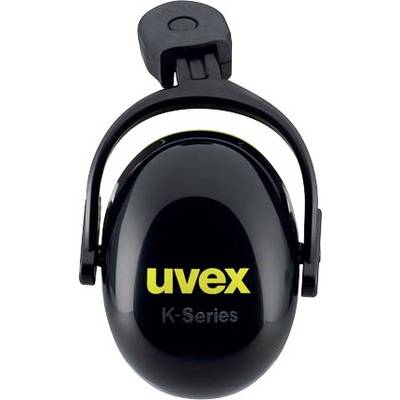 Ear protection from the 'uvex' brand, K-series, in black with yellow logo, side view.