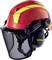 Red safety helmet with yellow stripe, visor and ear protection, suitable for fire and rescue service operations.