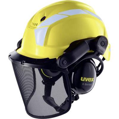 'Yellow safety helmet with integrated visor and ear defenders, suitable for forestry work or similar activities in noisy environments.'