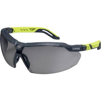 Safety glasses with dark grey lenses and black arms with yellow accents. 'Uvex' marking on the frame. Protects against UV rays.