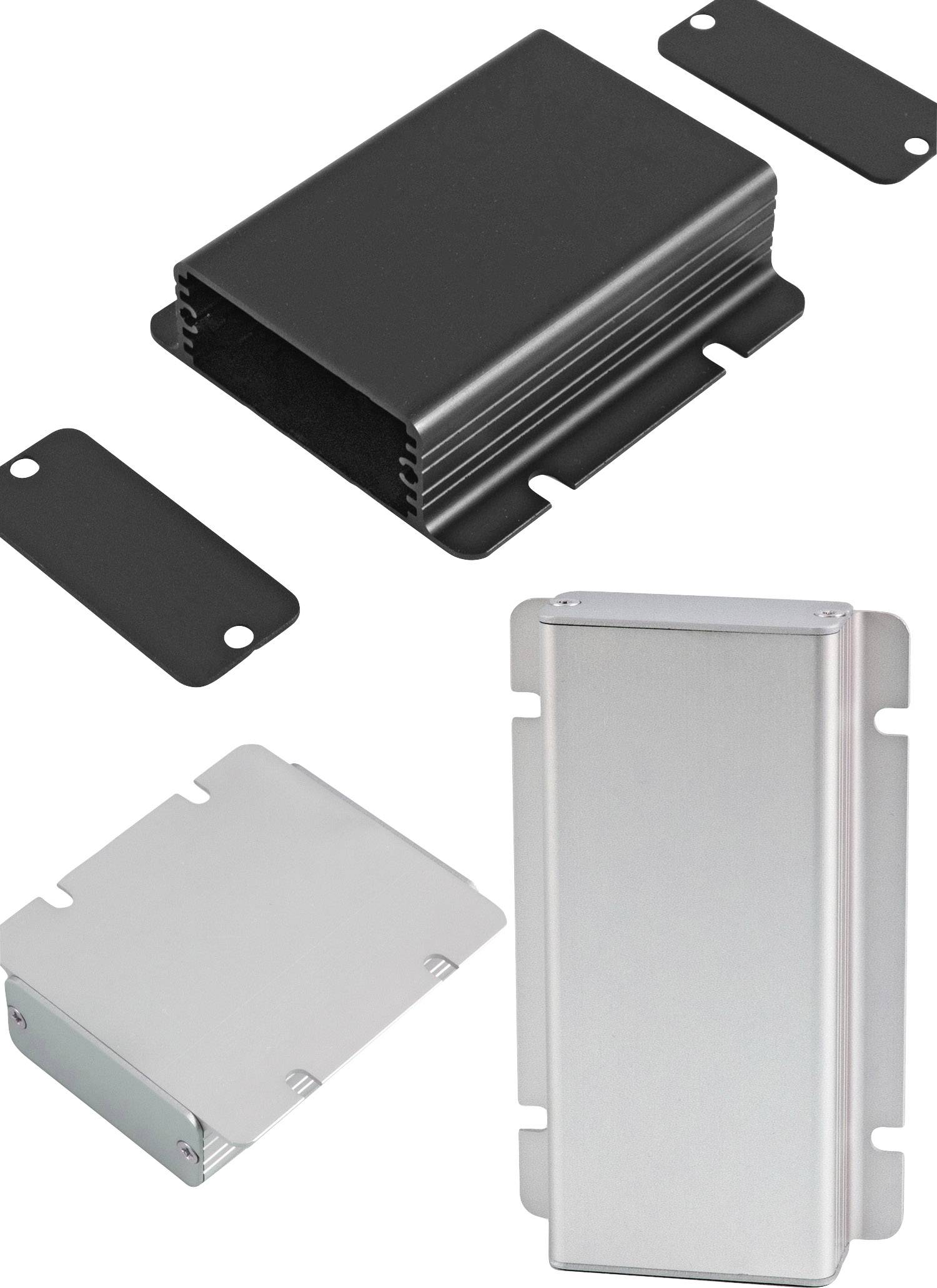 Black rectangular metal enclosure with ribbed sides, next to a silver cover and black end plates.