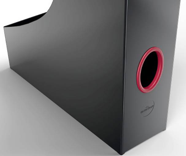 Black magazine holder with a round red hole on the side, suitable for storing or organising documents.