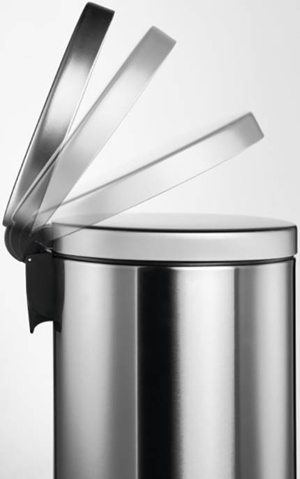 A stainless steel bin with a lid that opens progressively, shown step by step, against a white background.