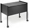 Black mobile hanging file trolley with multiple hanging folders on castors, suitable for storage and transportation of documents.