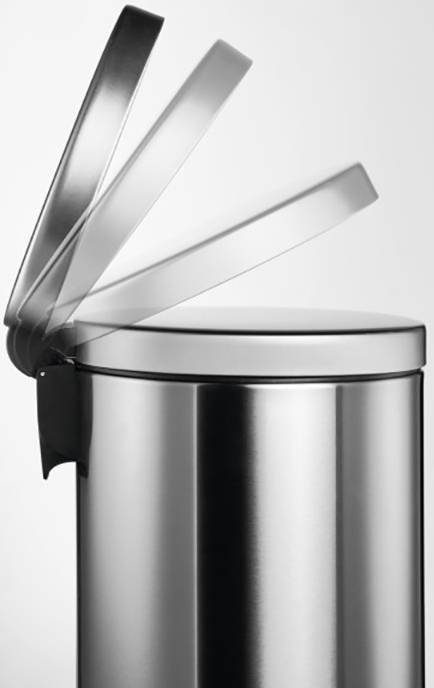 A gleaming metal bin with a half-open lid, depicting motion in three phases, set against a white background.