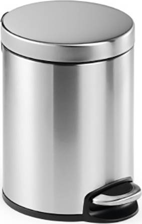 A silver stainless steel bin with a foot pedal to open the lid, set against a white background.