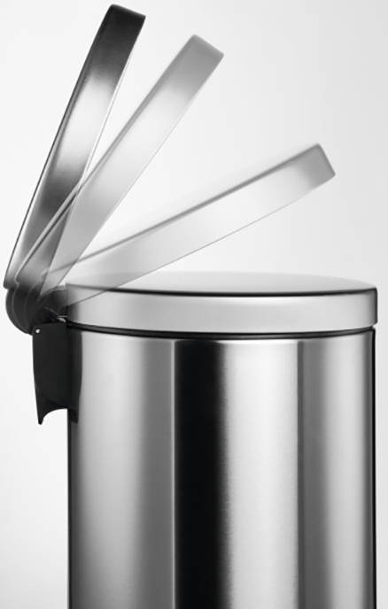 A stainless steel bin with a lid raised in multiple stages, standing on a white surface.