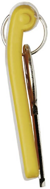 A yellow safety belt cutter with an integrated key ring, designed for rapid emergency release in accident situations.