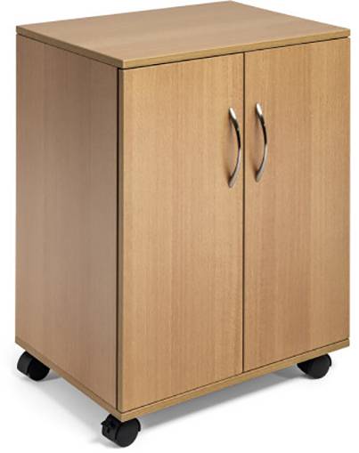 A wooden cabinet on castors, with two doors and metal handles. Ideal for storing items in offices or living spaces.