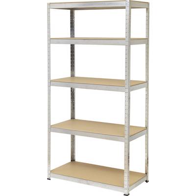 A tall, empty metal shelving unit with five tiers, ideal for storage or organisation of items in an office or storage room.