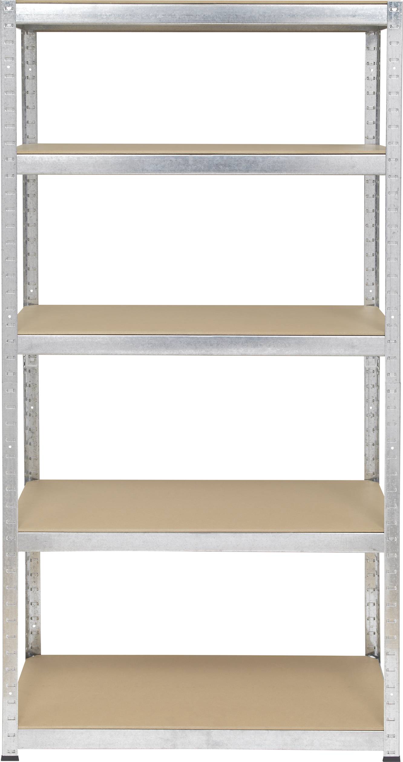 Metal shelving unit with five empty wooden shelves.