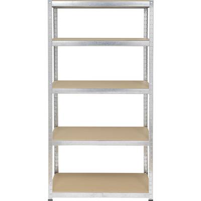 Metal shelving unit with five empty wooden shelves.