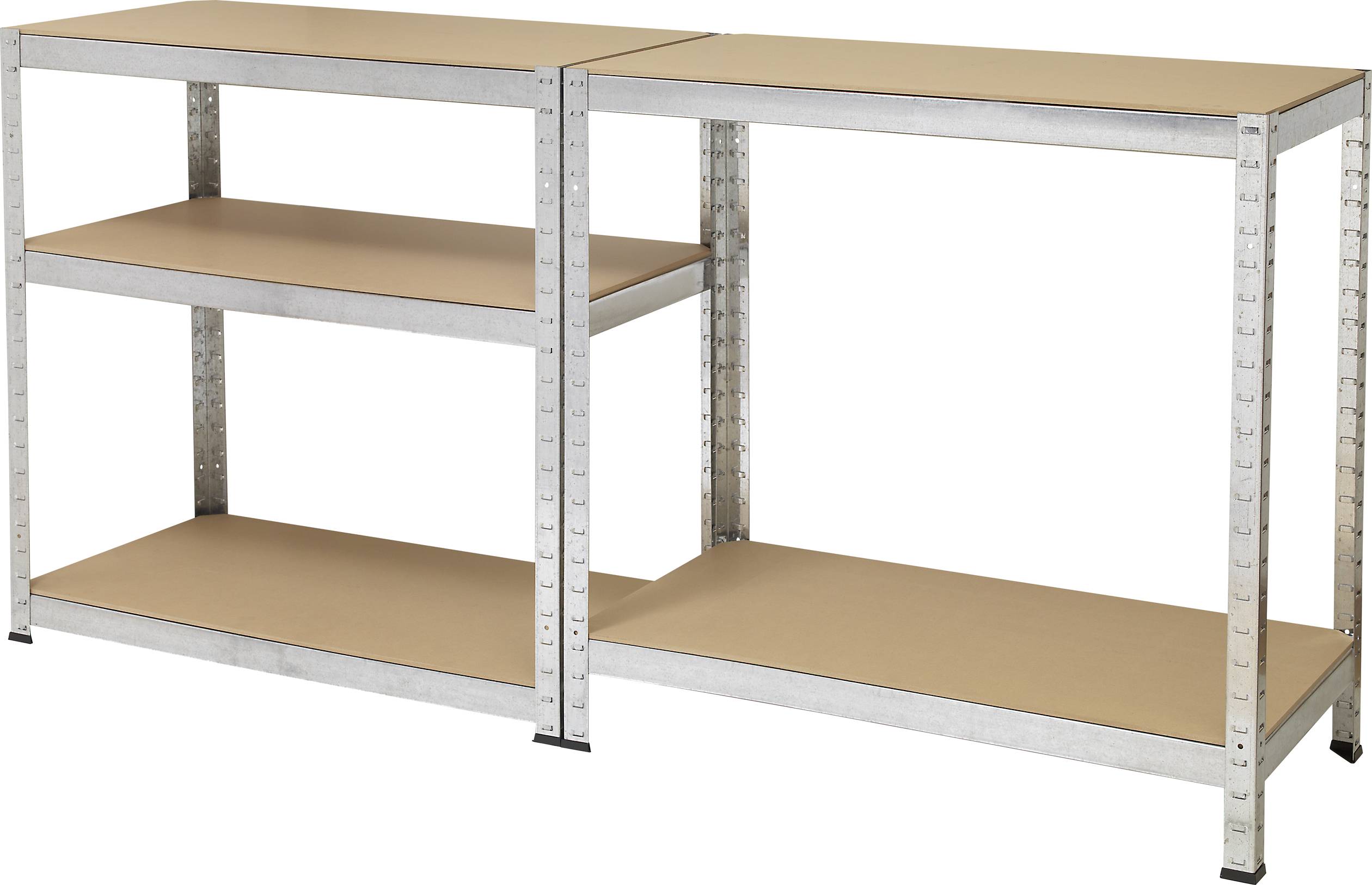 Metal shelving unit with two high levels and a lower middle shelf, suitable for storage or workshop use.