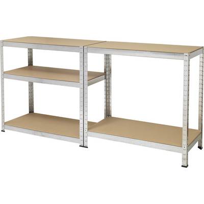 Metal shelving unit with two high levels and a lower middle shelf, suitable for storage or workshop use.