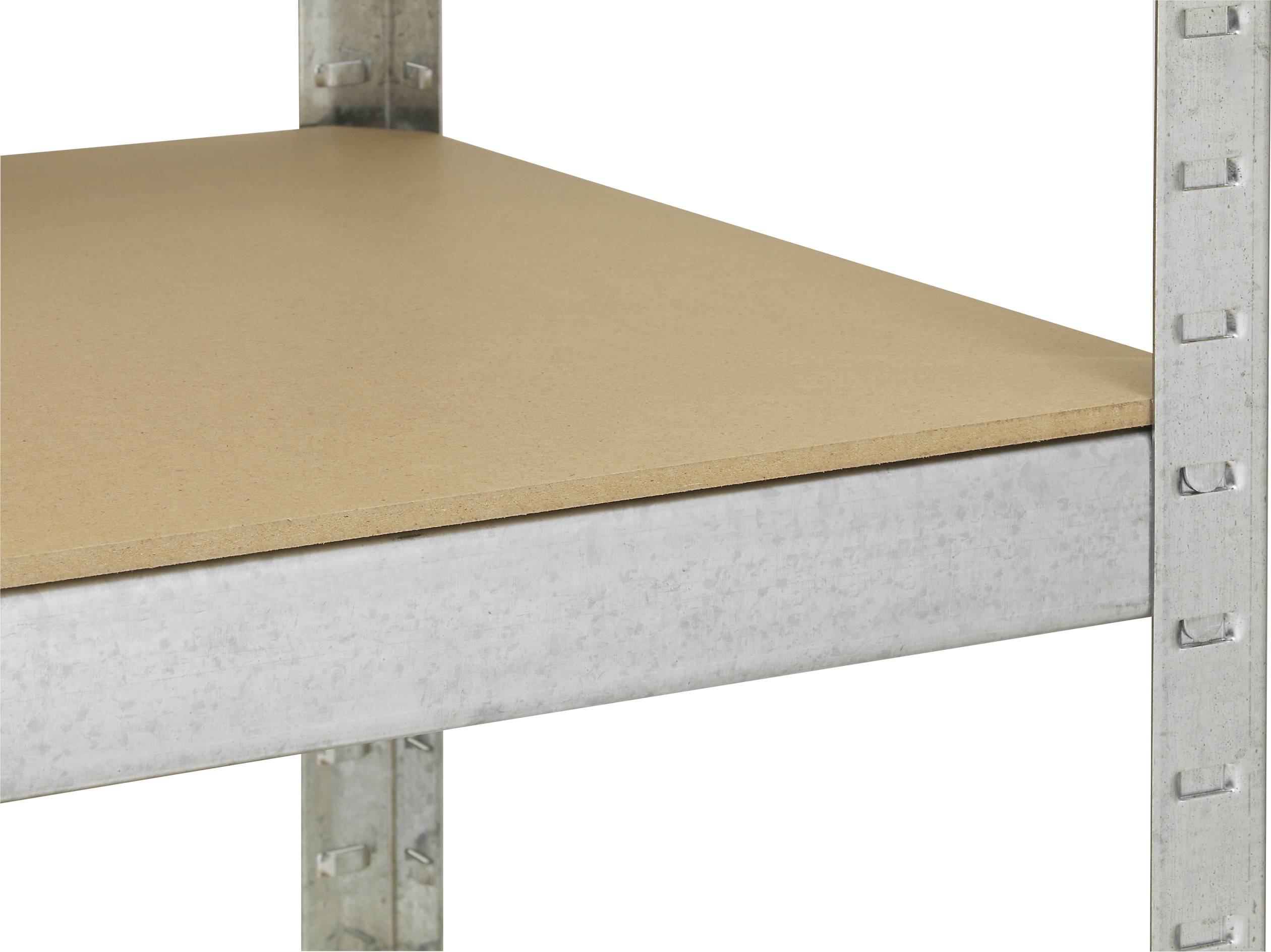 A metal shelving unit with a sturdy wooden shelf is shown in close-up. The shelving looks robust and functional.