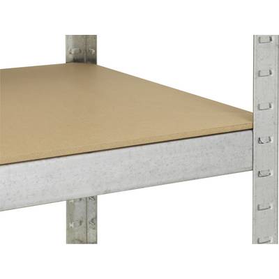 A metal shelving unit with a sturdy wooden shelf is shown in close-up. The shelving looks robust and functional.