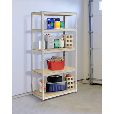 'Metal shelving unit in garage, laden with tools, paint buckets and car tyres. In the background a grey wall and a garage door.'
