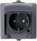 A grey European protective earth socket, pictured head-on. It features a cover to protect against moisture.