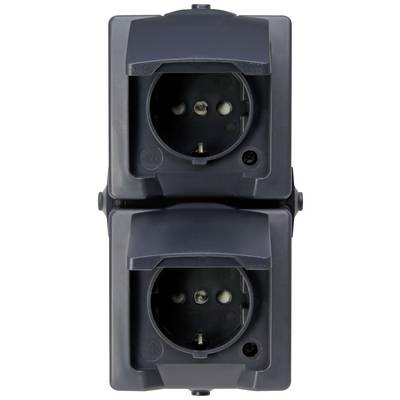 Two black, overlapping socket outlets with protective covers.