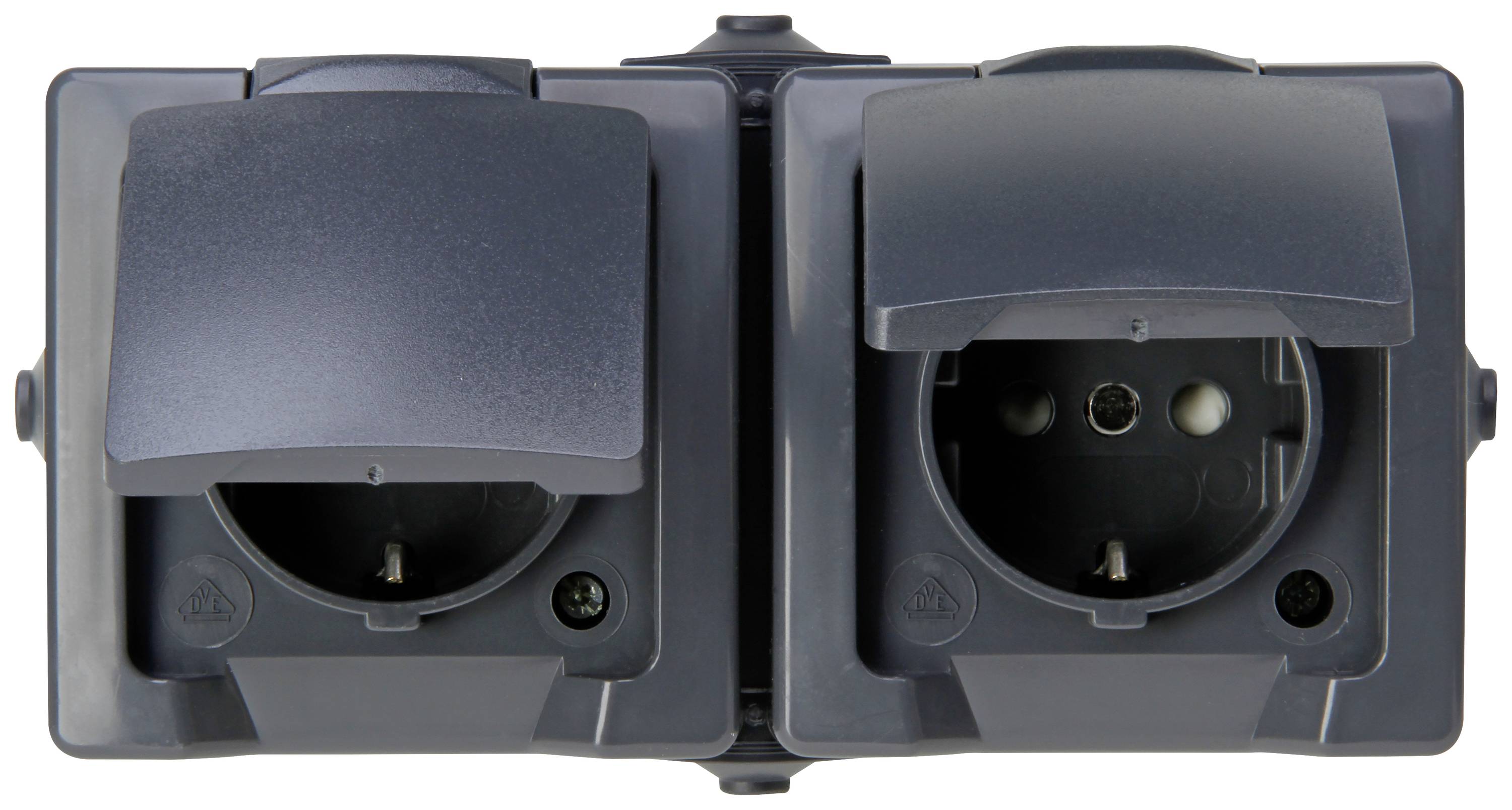 A dual grey external socket block with covers, both open. IP44 protection rating, suitable for damp environments.