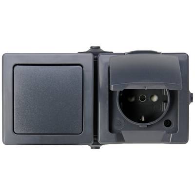 A grey light switch next to a socket with a cover, suitable for use in damp environments.