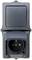 Double socket with protective cover in closed position, suitable for use outdoors or in damp environments.