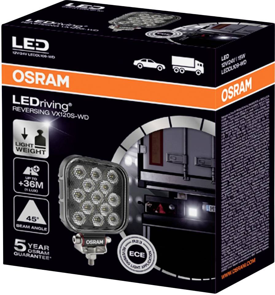 Packaging for an Osram LED Reversing Light. Contains information on luminous intensity, beam angle, and a 5-year warranty.